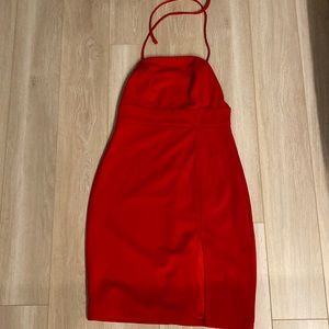 Red halter mini dress